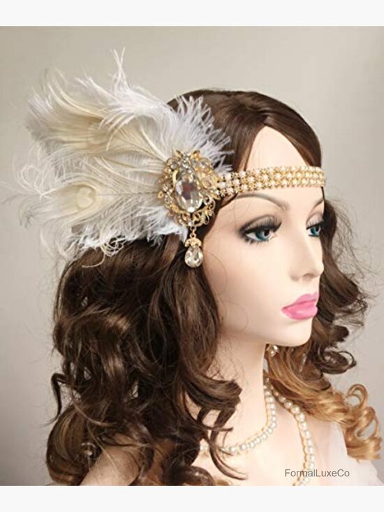 1920s Flapper Feather Headband Crystal Pearl Chain Wedding Prom Hair Jewelry main image 5